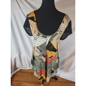 Anthropologie Weston Shirt with Black Lace Cap Sleeves Size L Geometric